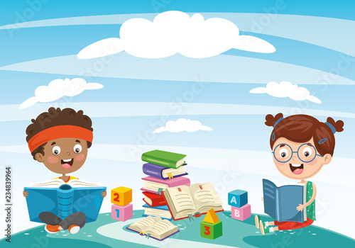 Vector Illustration Of Kids Reading Book