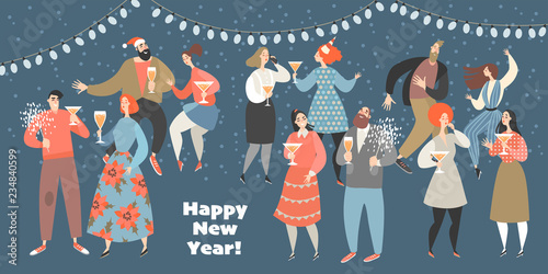 Vector illustration of a new year party with funny people dancing twist and drinking wine