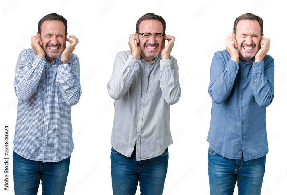 Collage of handsome senior business man over white isolated background covering ears with fingers with annoyed expression for the noise of loud music. Deaf concept. Collage of handsome senior business man over white isolated background covering ears with fingers with annoyed expression for the noise of loud music. Deaf concept.