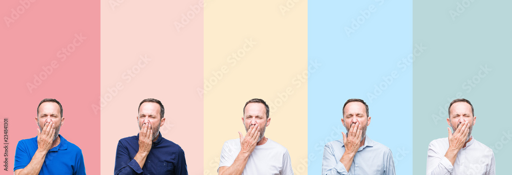 Fototapeta premium Collage of senior hoary handsome man over colorful stripes isolated background bored yawning tired covering mouth with hand. Restless and sleepiness.