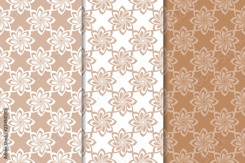 Brown floral backgrounds. Set of seamless patterns