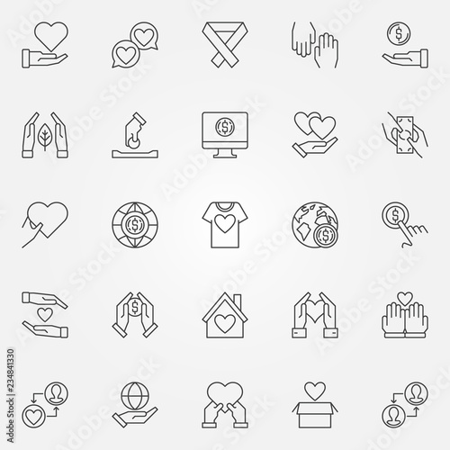Charity and Donation outline concept icons set. Donate vector concept symbols in thin line style