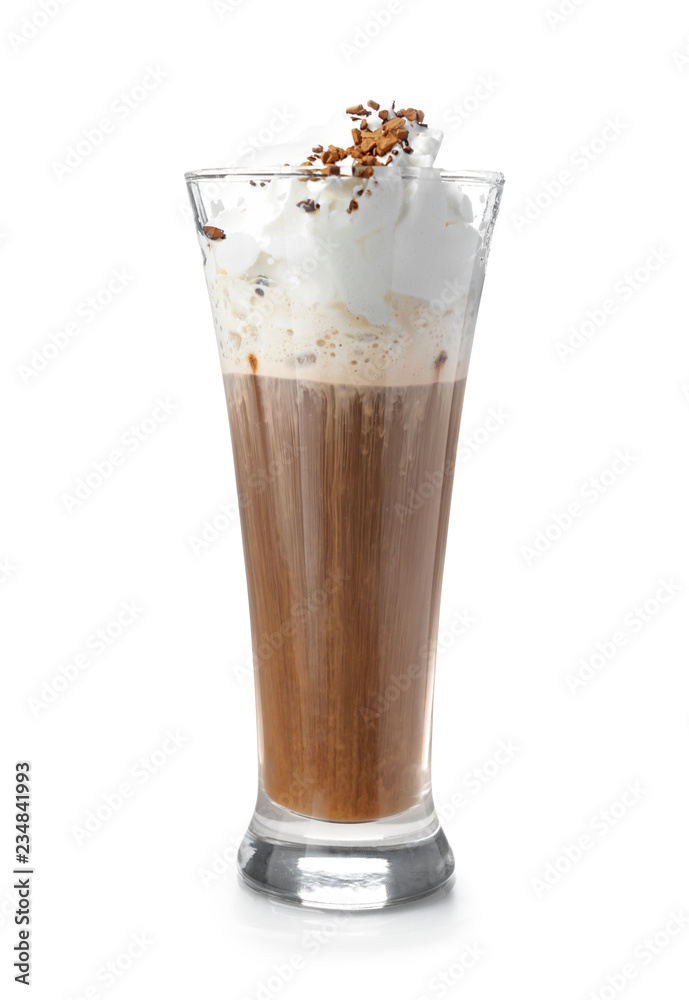 Cold coffee covered with whipped cream and chocolate in glass on white background Cold coffee covered with whipped cream and chocolate in glass on white background