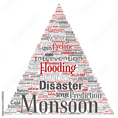 Vector conceptual monsoon dangerous weather triangle arrow meteorology word cloud isolated background. Collage of tropical dramatic storm force, strong wind blowing, rain hail thunderstorm concept