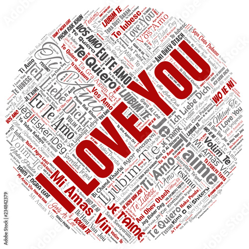 Vector conceptual sweet romantic I love you multilingual message round circle red word cloud isolated background. Collage of valentine day, romance affection,  happy emotion or passion lovely concept