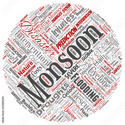 Vector conceptual monsoon dangerous weather round circle red meteorology word cloud isolated background. Collage of tropical dramatic storm force, strong wind blowing, rain hail thunderstorm concept