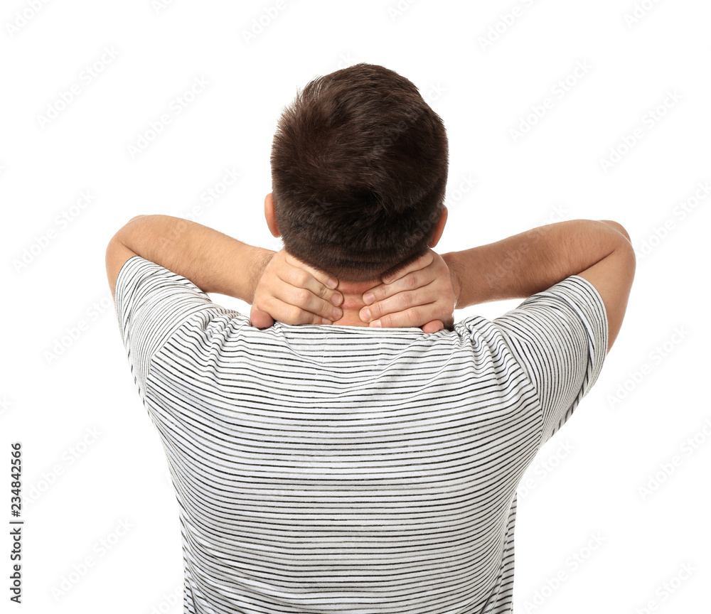 Man suffering from neck pain on white background Man suffering from neck pain on white background