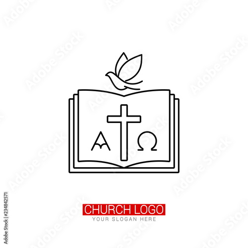 Church logo. Christian symbols. The cross of Jesus and the dove on the background of an open bible