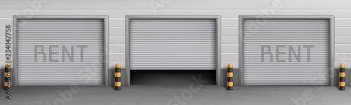 Vector exterior concept background with garage boxes for rent, storage rooms for car parking. Warehouse entrances with open and closed roll shutters, hangar for repair service with metal doorway