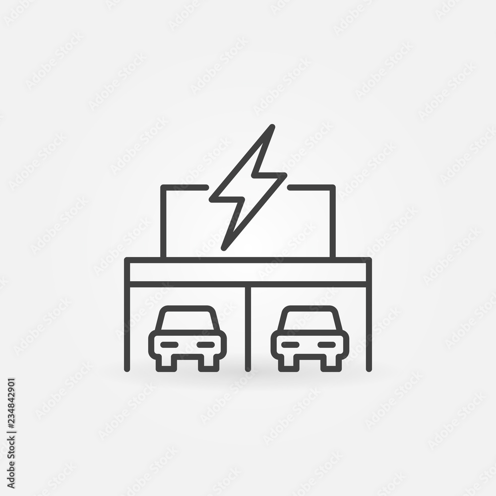 Garage with electric cars concept vector icon or symbol in thin line style Garage with electric cars concept vector icon or symbol in thin line style