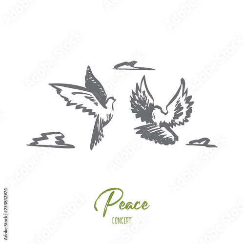 Freedom  peace  couple  flight  birds concept. Hand drawn isolated vector.