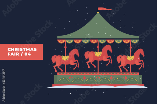 Image of festive carousel with red horses under falling snow. Decorative composition is ideal for Christmas and New Year's cards, posters. Vector colorful illustration.