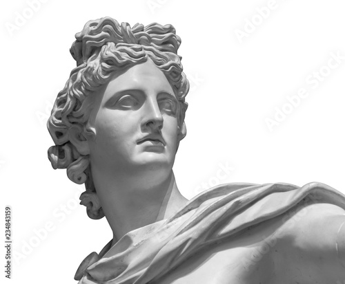 Portrait of a plaster statue of Apollo isolated on white