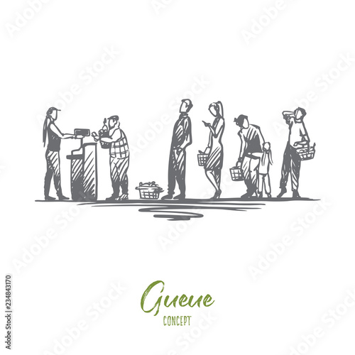 Shopping, purchases, queue, waiting, cash desk concept. Hand drawn isolated vector.