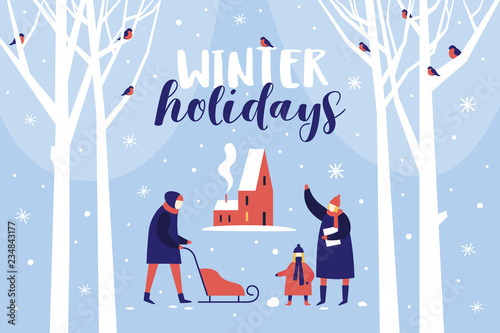 Image of winter walk in snowy park. Parents with child are considering bullfinches. Festive composition for New Year and Christmas. Happy winter holidays. Vector colorful seasonal illustration.