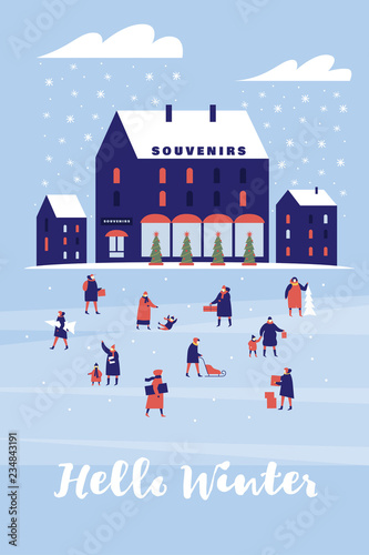 Illustration with the image of people on background of souvenir shop. Characters walk with children or carry gifts. Festive composition for New Year and Christmas. Vector colorful seasonal images.