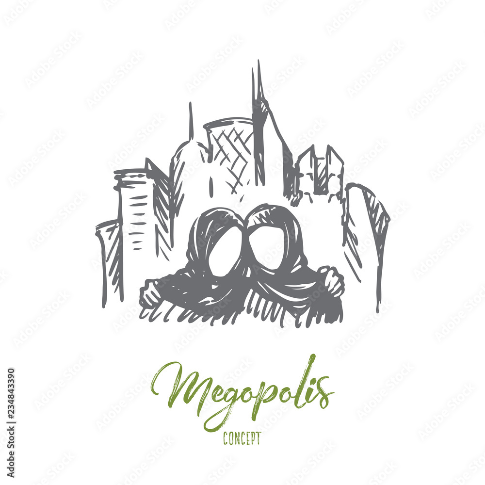 Megopolis, Muslims, Islam, friends, hijab concept. Hand drawn isolated vector.