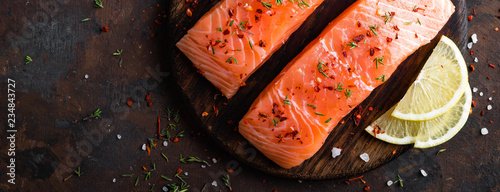 Photography Fresh salmon fish fillet on wooden board