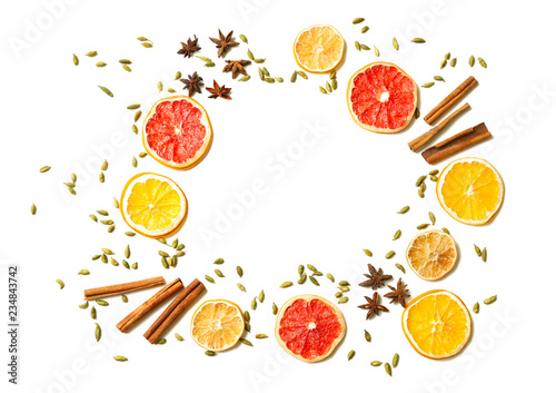 Frame made from ingredients for tasty mulled wine on white background