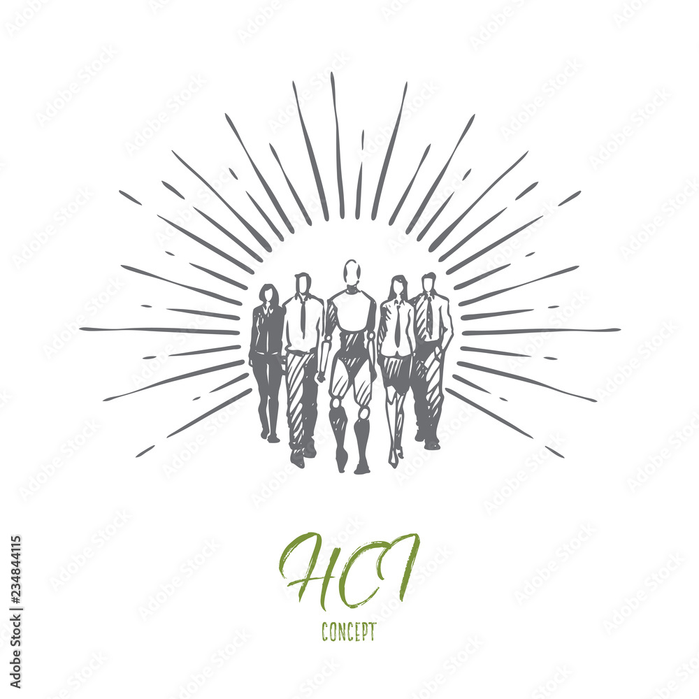Teamwork, HCI, automation, technology, communication concept. Hand drawn isolated vecto