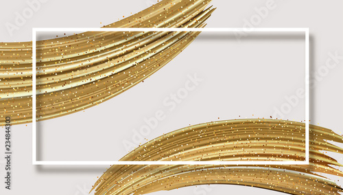 White abstract poster with frame and gold shiny brushstrokes.