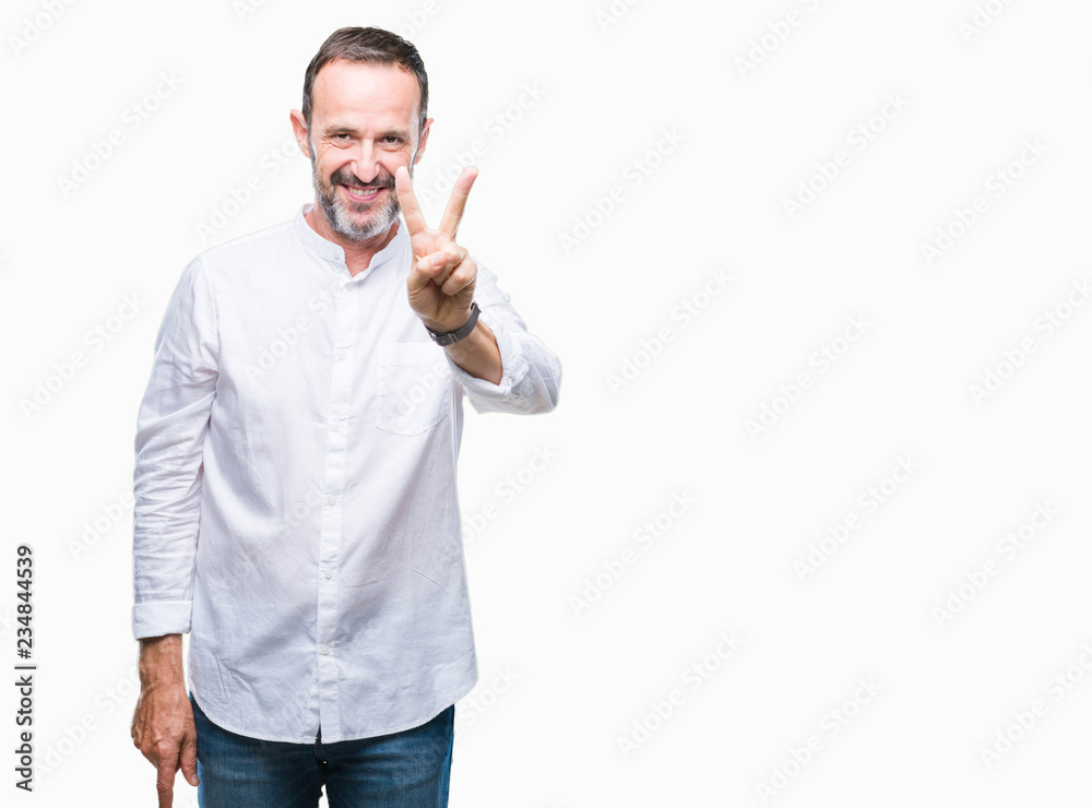 Middle age hoary senior man over isolated background showing and pointing up with fingers number two while smiling confident and happy. Middle age hoary senior man over isolated background showing and pointing up with fingers number two while smiling confident and happy.