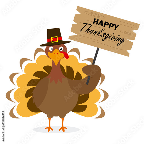 Thanksgiving day card. Turkey with hat and with poster