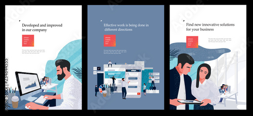 a set of business posters with vector flat illustrations about marketing and finance, covers for a brochure with images of work processes in companies