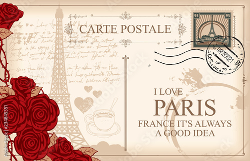 Retro postcard with Eiffel tower in Paris, France. Romantic vector postcard in vintage style with red roses, postmark and words I love Paris on the background of old manuscript with spots