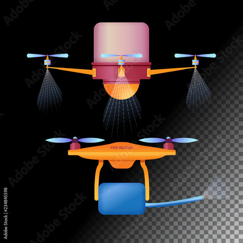 Drone or quadcopter flat icons. Unmanned aircraft of different purpose agricultural and fire drones . Vector illustration on a transparent background.