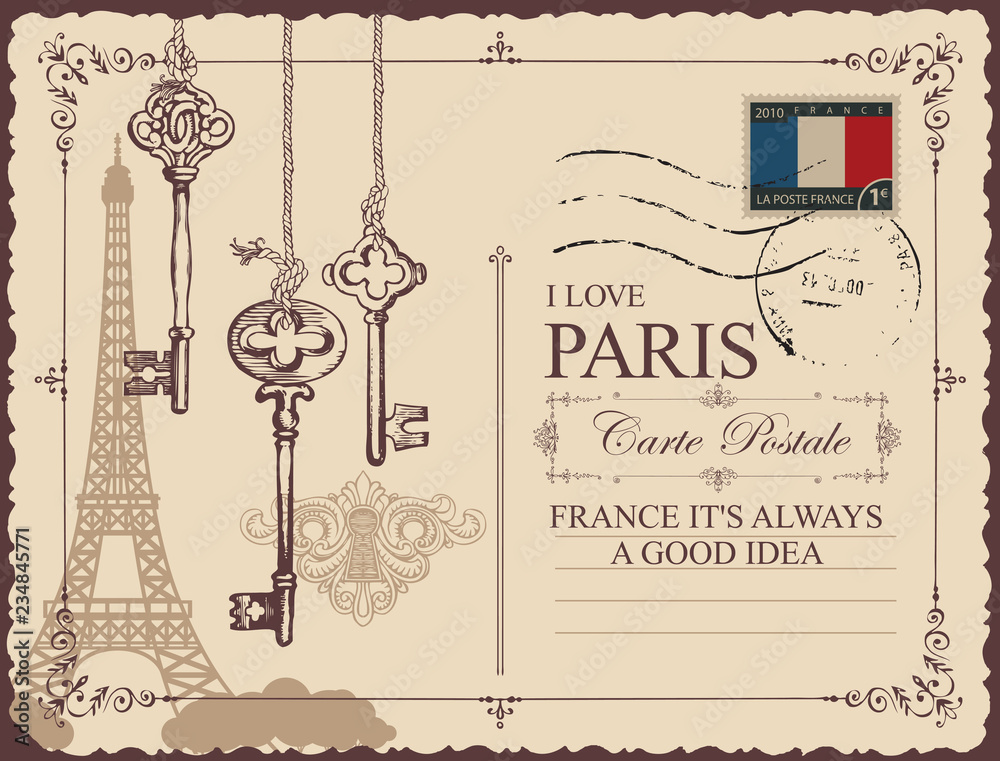 Fototapeta premium Pocztówka retro z wieżą Eiffla w Paryżu, Francja. Wektor pocztówka w stylu vintage ze starymi kluczami i dziurkami od klucza, ze słowami, które kocham Paryż i umieść tekst na beżowym tle z pieczątką