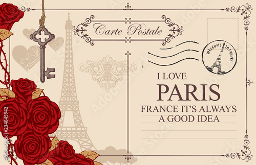 Retro postcard with Eiffel tower in Paris, France. Vector postcard in vintage style with red roses, old key and keyhole, postmark and words I love Paris on beige background