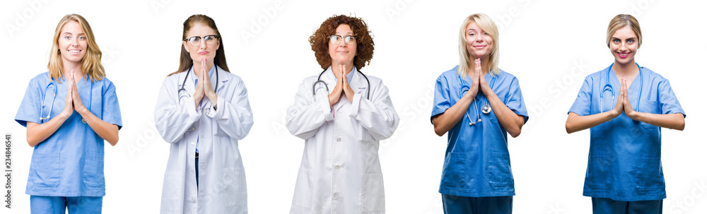 Collage of group of professional doctor women over white isolated background praying with hands together asking for forgiveness smiling confident. Collage of group of professional doctor women over white isolated background praying with hands together asking for forgiveness smiling confident.