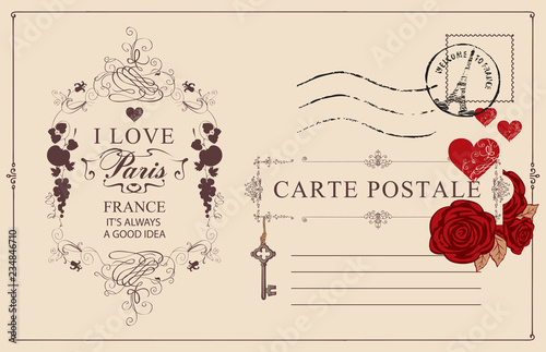 Retro postcard with words I love Paris and postmark with Triumphal arch. Romantic vector postcard in vintage style with red roses and hearts, vignette, rubber stamp and place for text