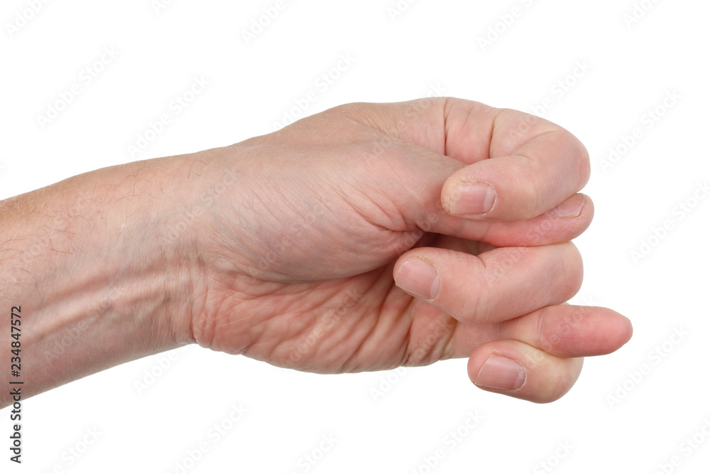 Double fico sign- fist with a thumb, stuck between the index and middle in a sign of contempt and mockery. Isolated Double fico sign- fist with a thumb, stuck between the index and middle in a sign of contempt and mockery. Isolated