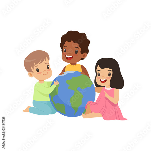 Happy multicultural little kids sitting around the globe together, friendship, unity concept vector Illustration on a white background