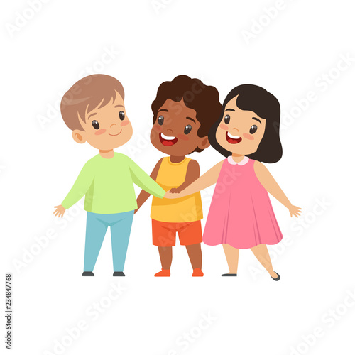 Multicultural little kids standing together, friendship, unity concept vector Illustration on a white background.
