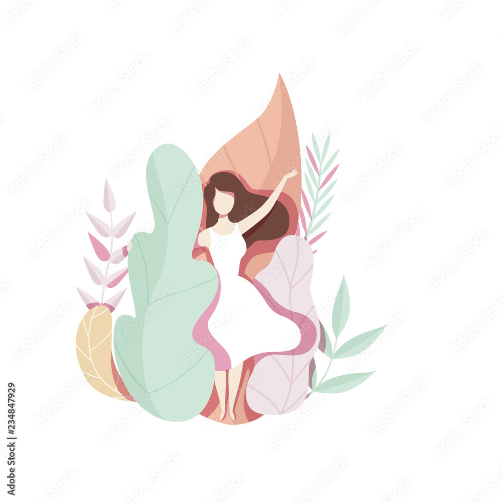 Romantic girl with standing next to giant leaves, faceless young woman in beautiful nature vector Illustration on a white background Romantic girl with standing next to giant leaves, faceless young woman in beautiful nature vector Illustration on a white background