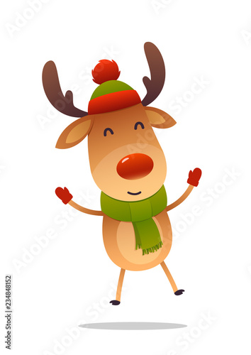 Cheerful cartoon cute reindeer jumps isolated on white background