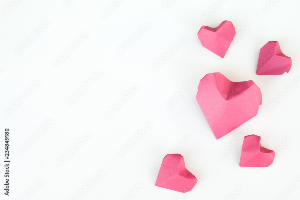 Valentines day concept, red paper hearts on white background with copy-space