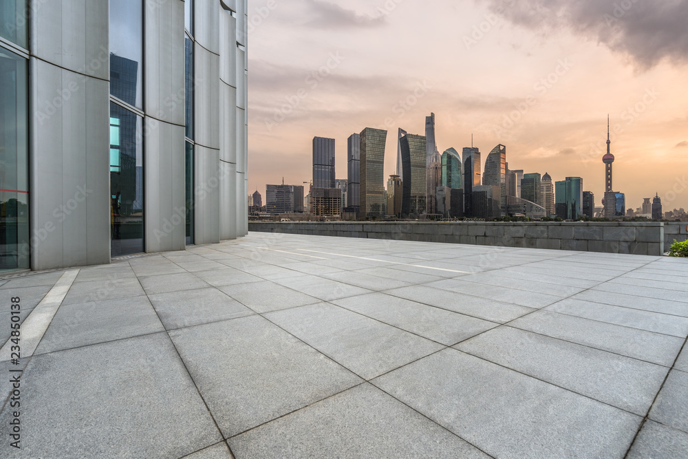 abstract building wall with city skyline background, shanghai, china..