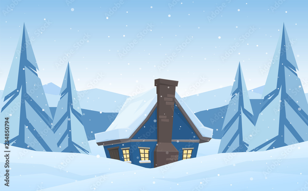 Obraz premium Cartoon cute house on Winter christmas mountains landscape background.