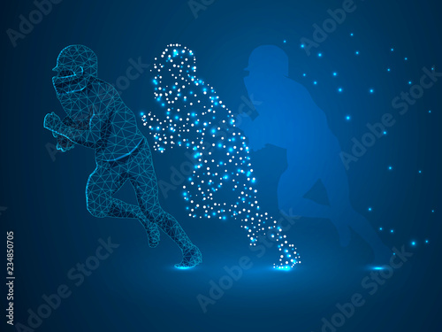 Three-dimensional running American football player in action with the ball, made from lines, triangles, point connecting network on blue background. Low-poly wireframe Vector polygonal illustration