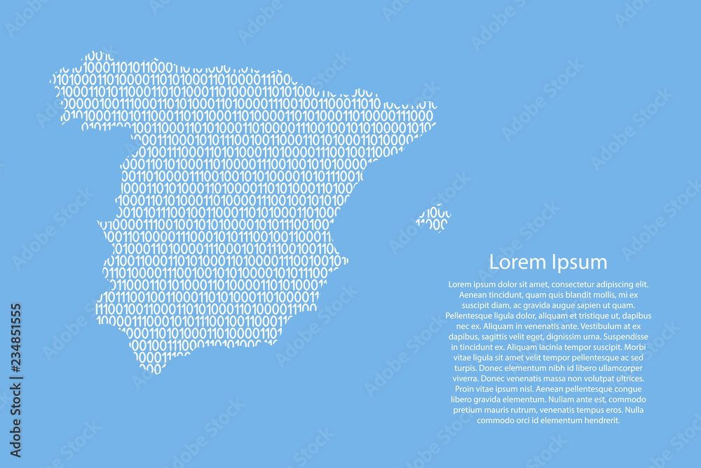 Spain map abstract schematic from white ones and zeros binary digital code on light blue background for banner, poster, greeting card. Vector illustration.