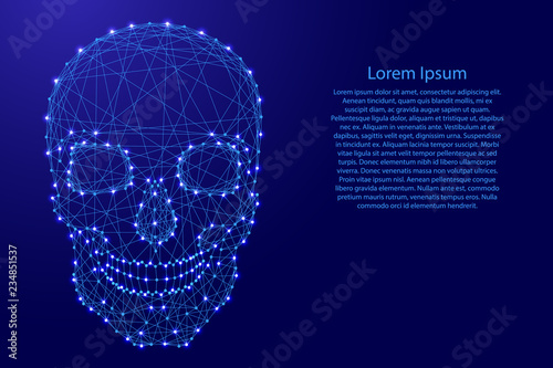 Human skull front from futuristic polygonal blue lines and glowing stars for banner, poster, greeting card. Vector illustration.