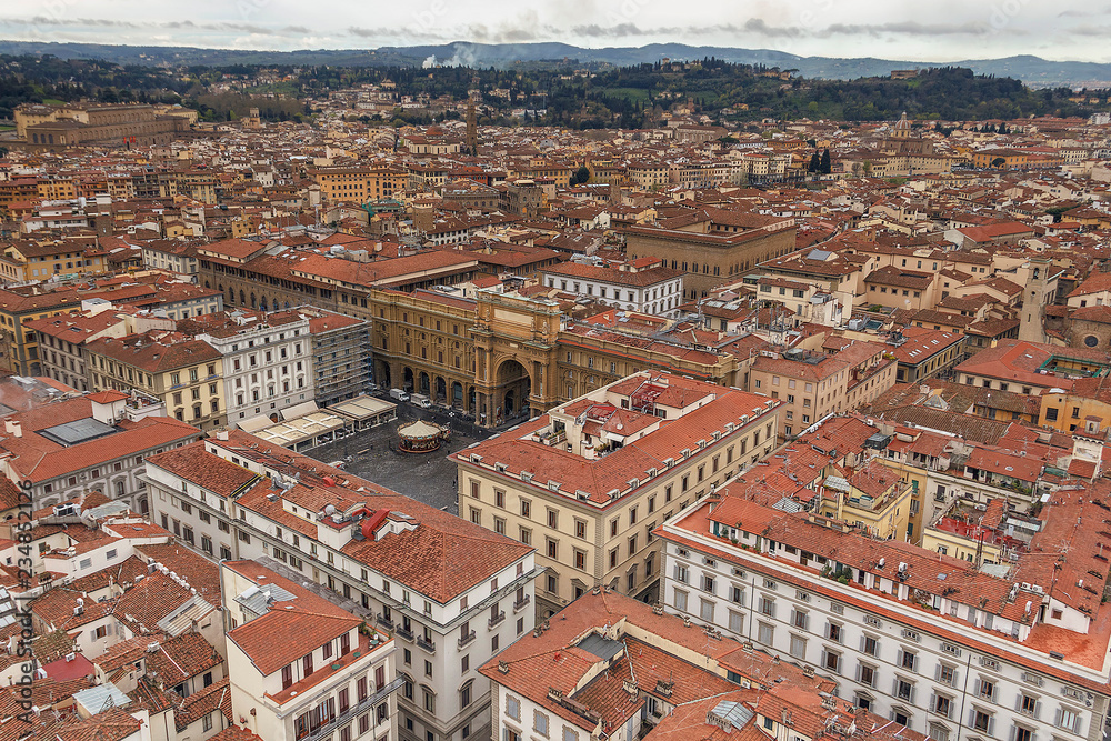 top view of the red tiled roofs of the italian city of Florence.