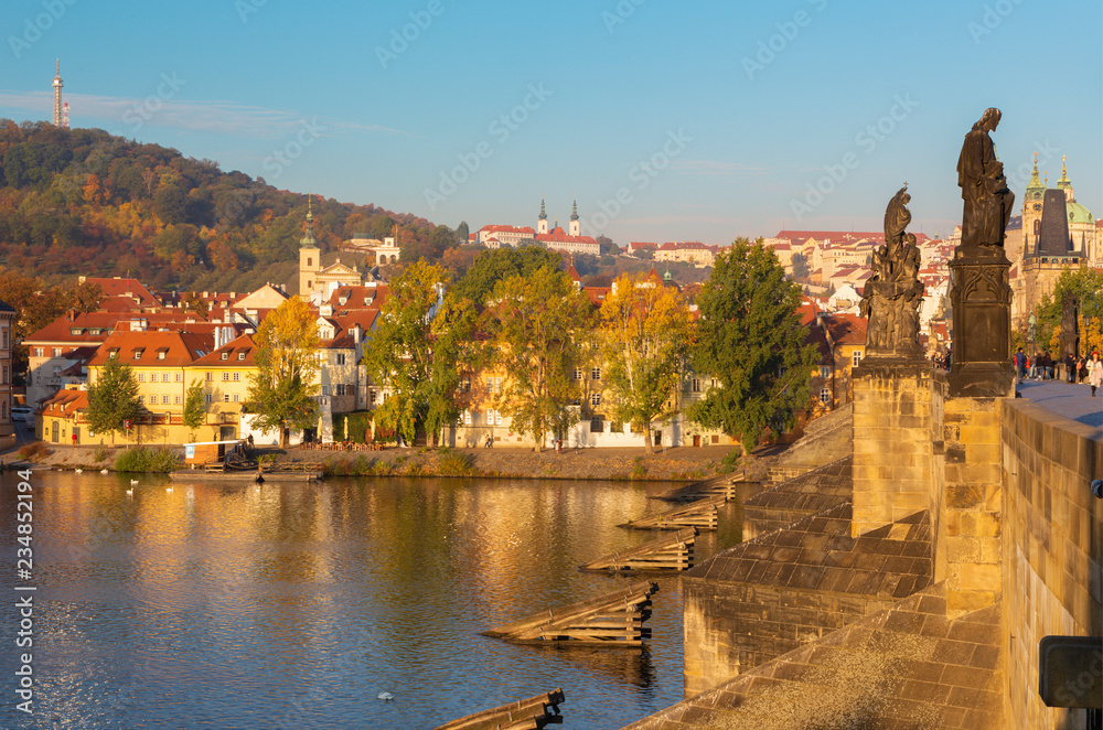 Prague - The view from Charles Bridge to Petrin and Mala Strana.