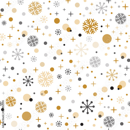 Decorative Christmas time vector seamless pattern with gild black grey snpwflakes Winter background