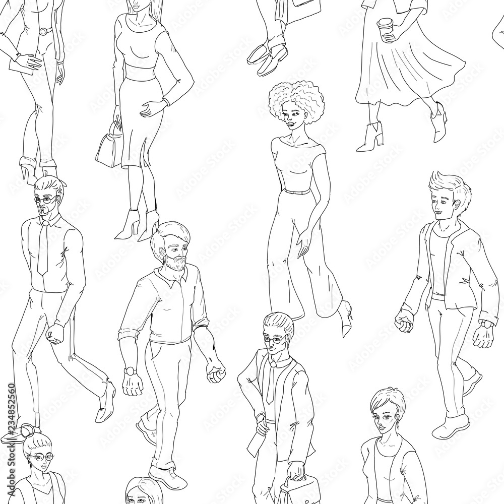 Seamless pattern with business people walking. Sketch style illustration with men and woman.