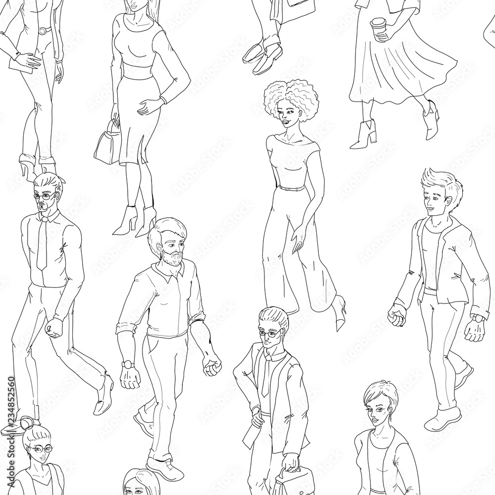 Seamless pattern with business people walking. Sketch style illustration with men and woman. Seamless pattern with business people walking. Sketch style illustration with men and woman.